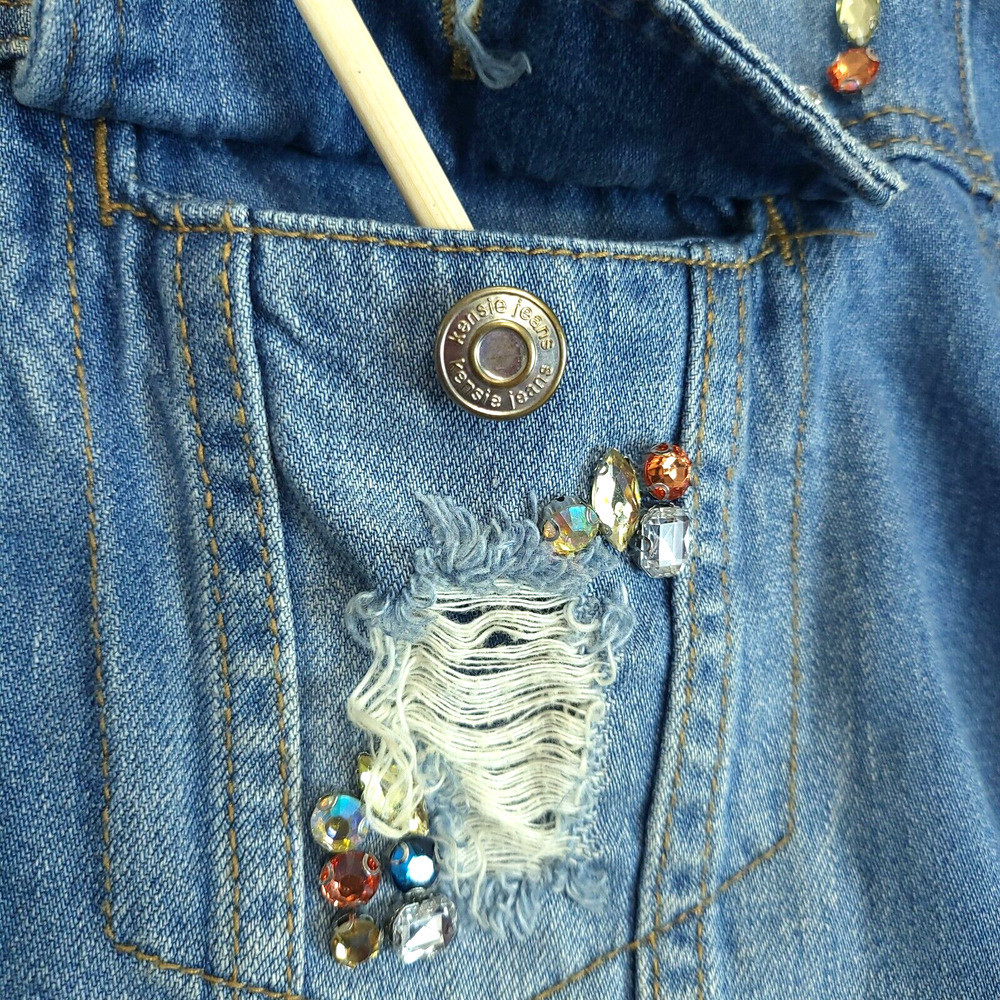 Kensie Embellished Distressed Jean Jacket Women S Denim Blue Long Sleeve - Picture 8 of 13
